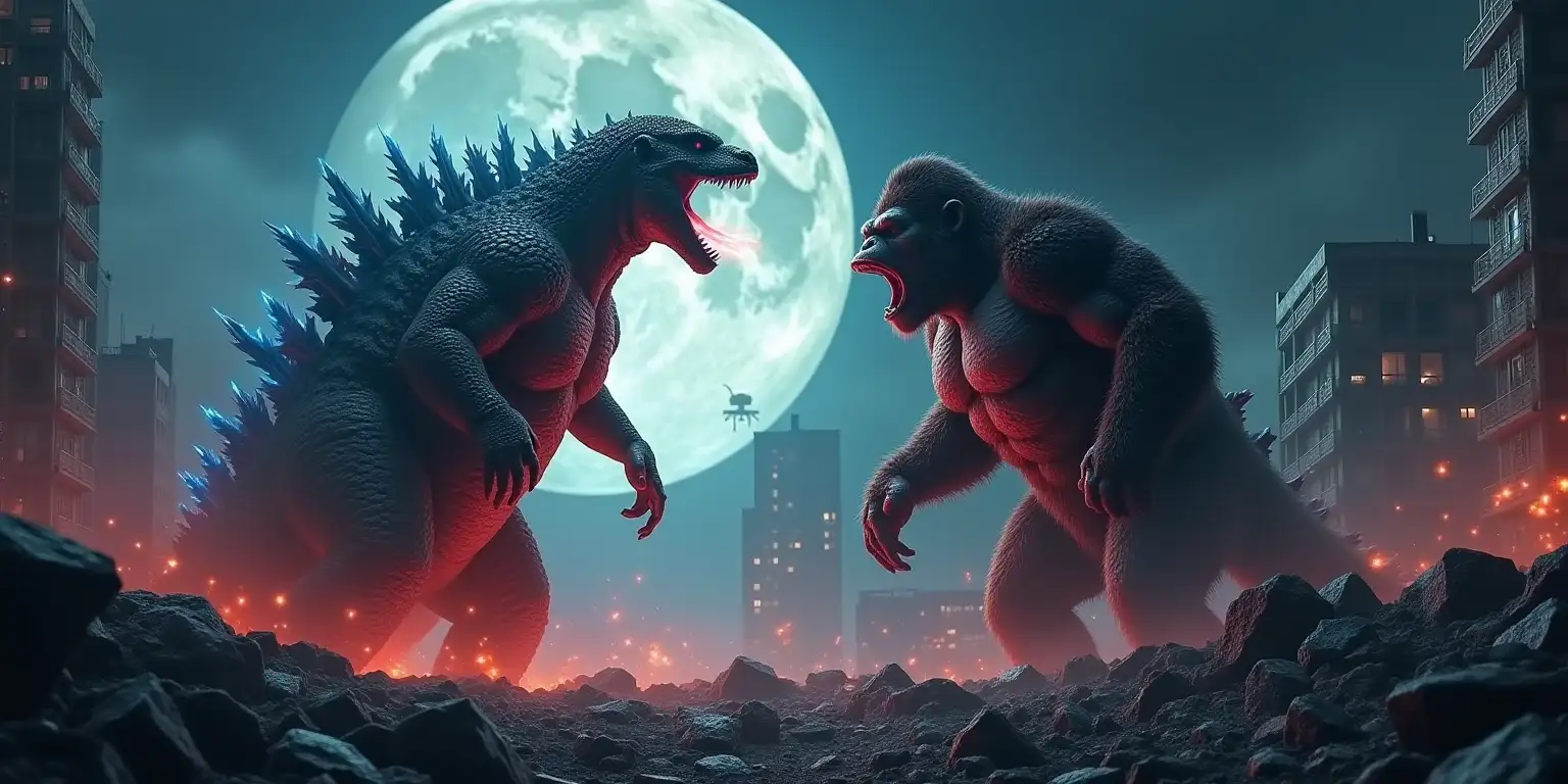 Epic Battle Godzilla vs King Kong in Tokyo Amidst Ruins and Flames