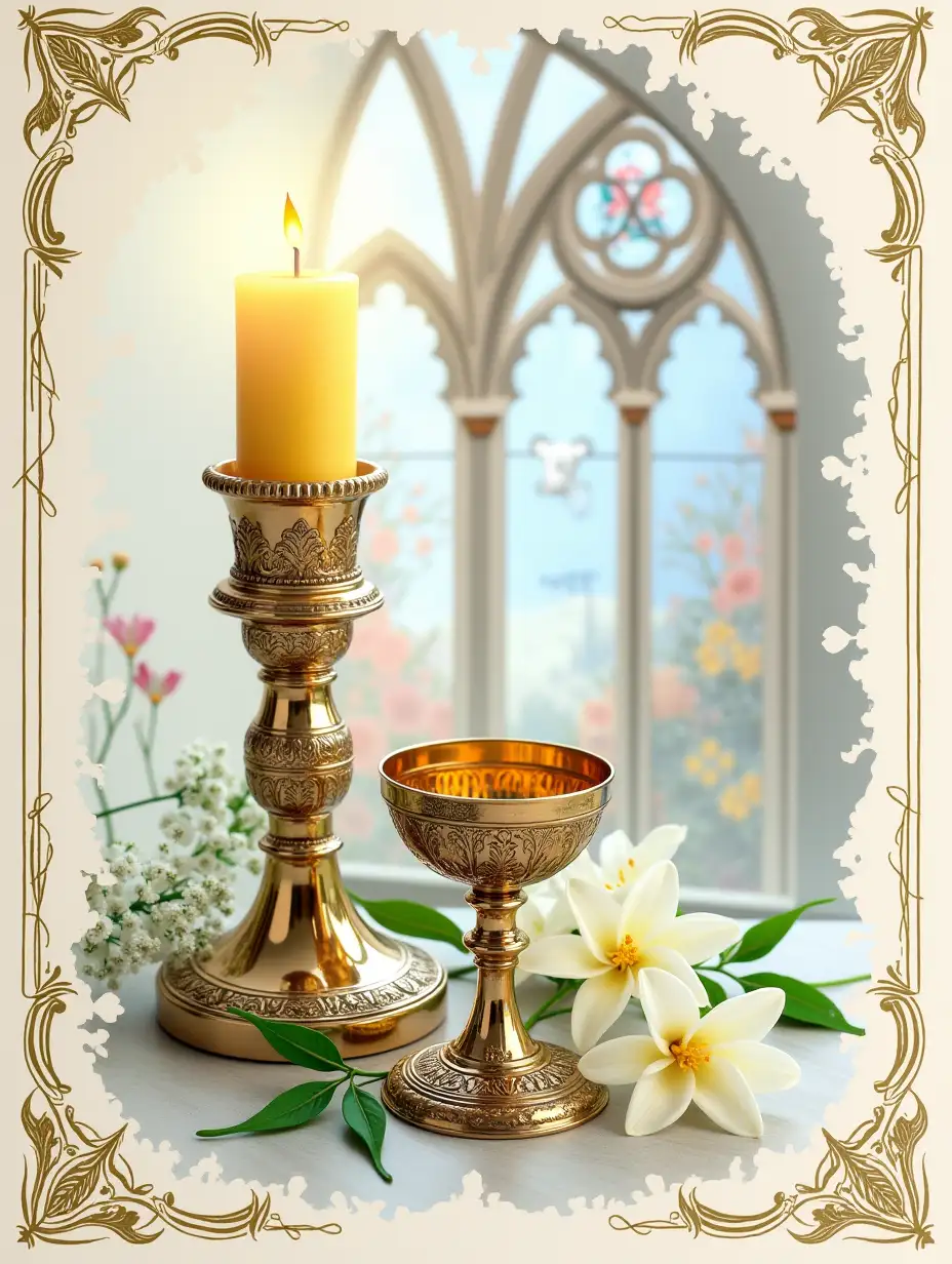 Easter Card. T The design has a small ornate chalice in the centre with white lilies beside it. behind the chalice to the left is an ornate easter paschal candle with a wax relief on it with a lamb and cross. The candle is tall and it is NOT in a stand - full candle to be visible. In the background is a beautiful stained glass church window. The card has a border with very small wild flowers