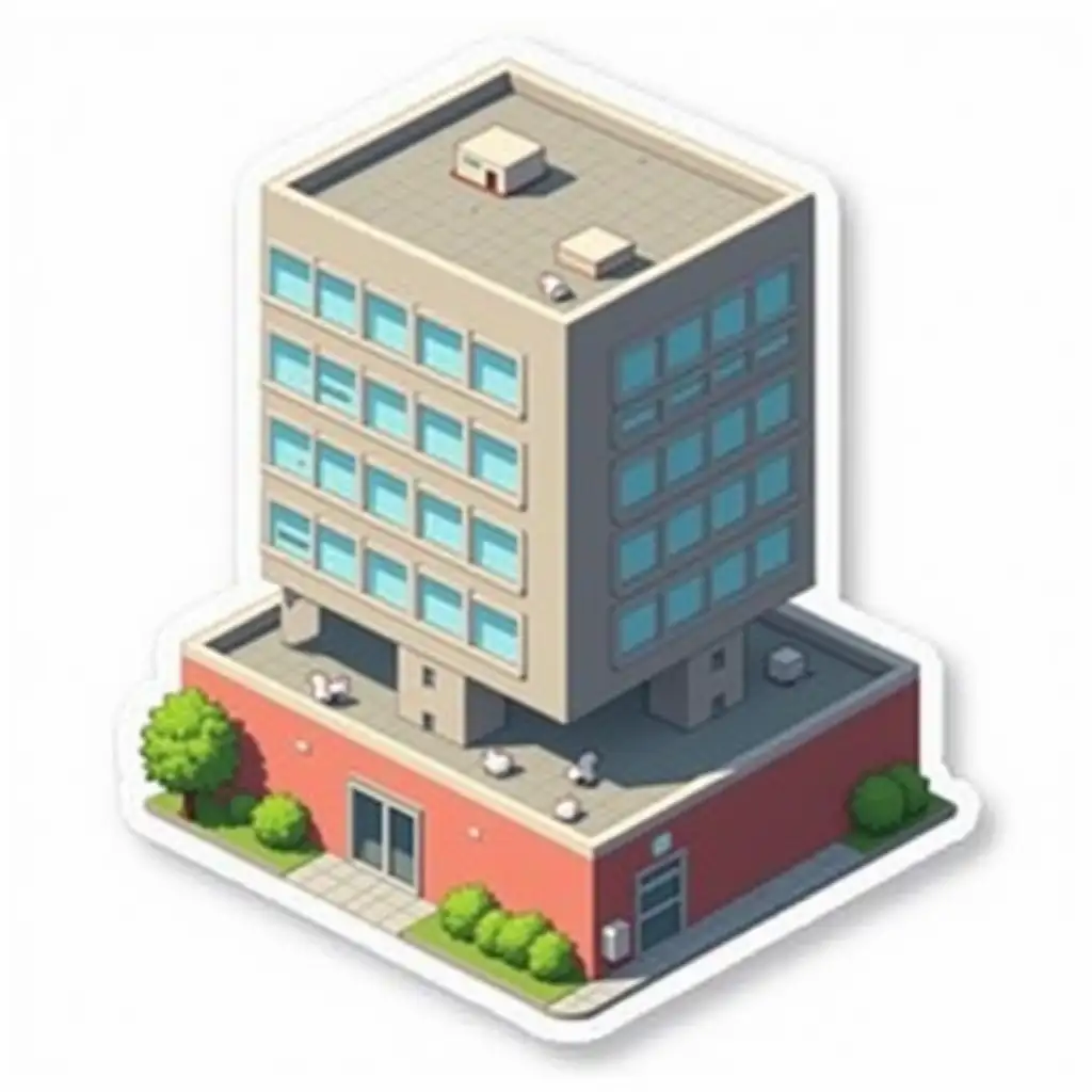 isometric vector sticker: A short one-story office building is red-brown in color and one long beige-framed window runs the entire length of the ground floor. A tall 8-storey office building made of gray concrete rises from the corner of the lower building. The first floor is higher than the rest of the floors and noticeably protrudes beyond the contours of the building in width and dimensions. There are small white cats in office clothes nearby. The overall image mimics the appearance of a cut-out laminated sticker, the sticker is bright in the anime style. The overall image mimics the appearance of a cut-out laminated sticker, the sticker is bright in the anime style.  die cut sticker design top-view, high resolution, vector art,  white background, paint in anime style