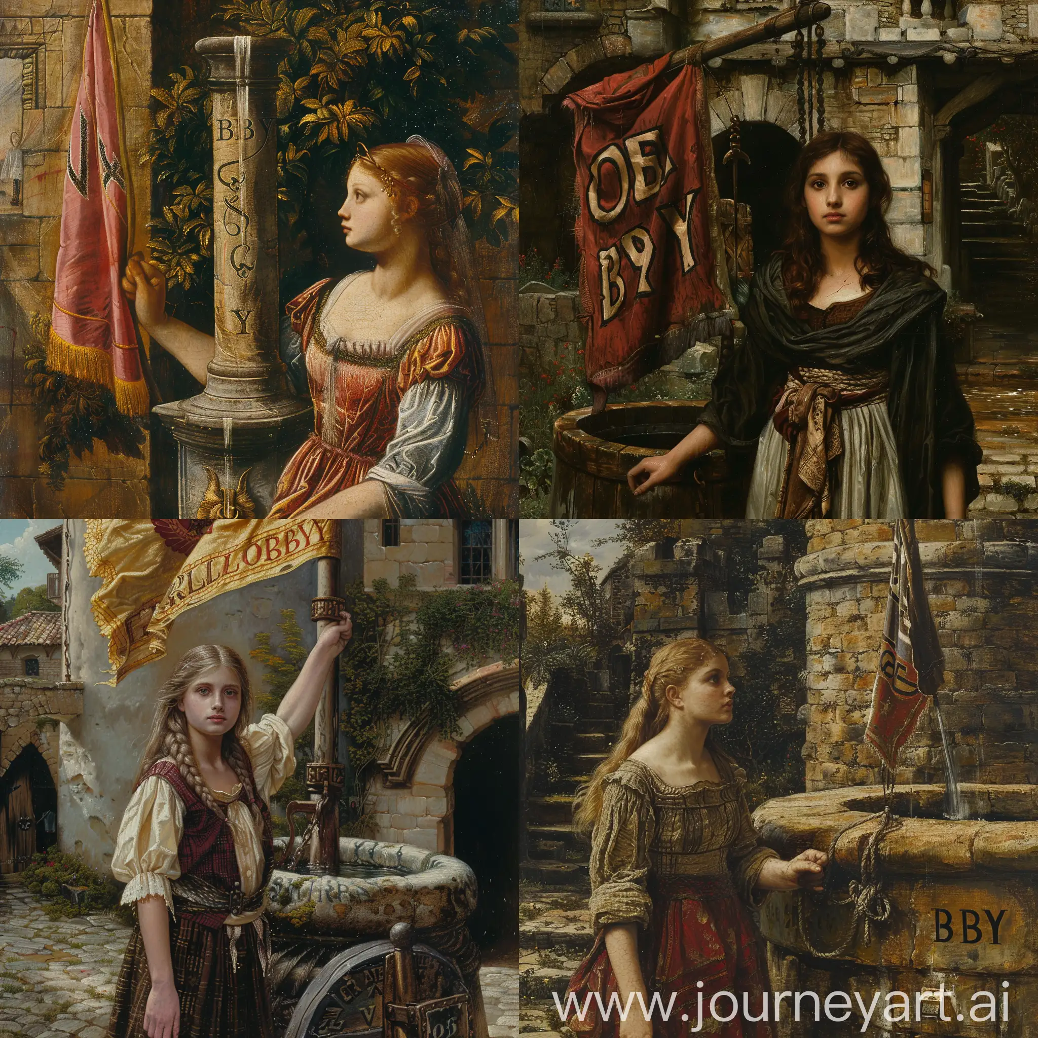 Renaissance-Painting-of-a-Girl-with-Flag-by-a-Well