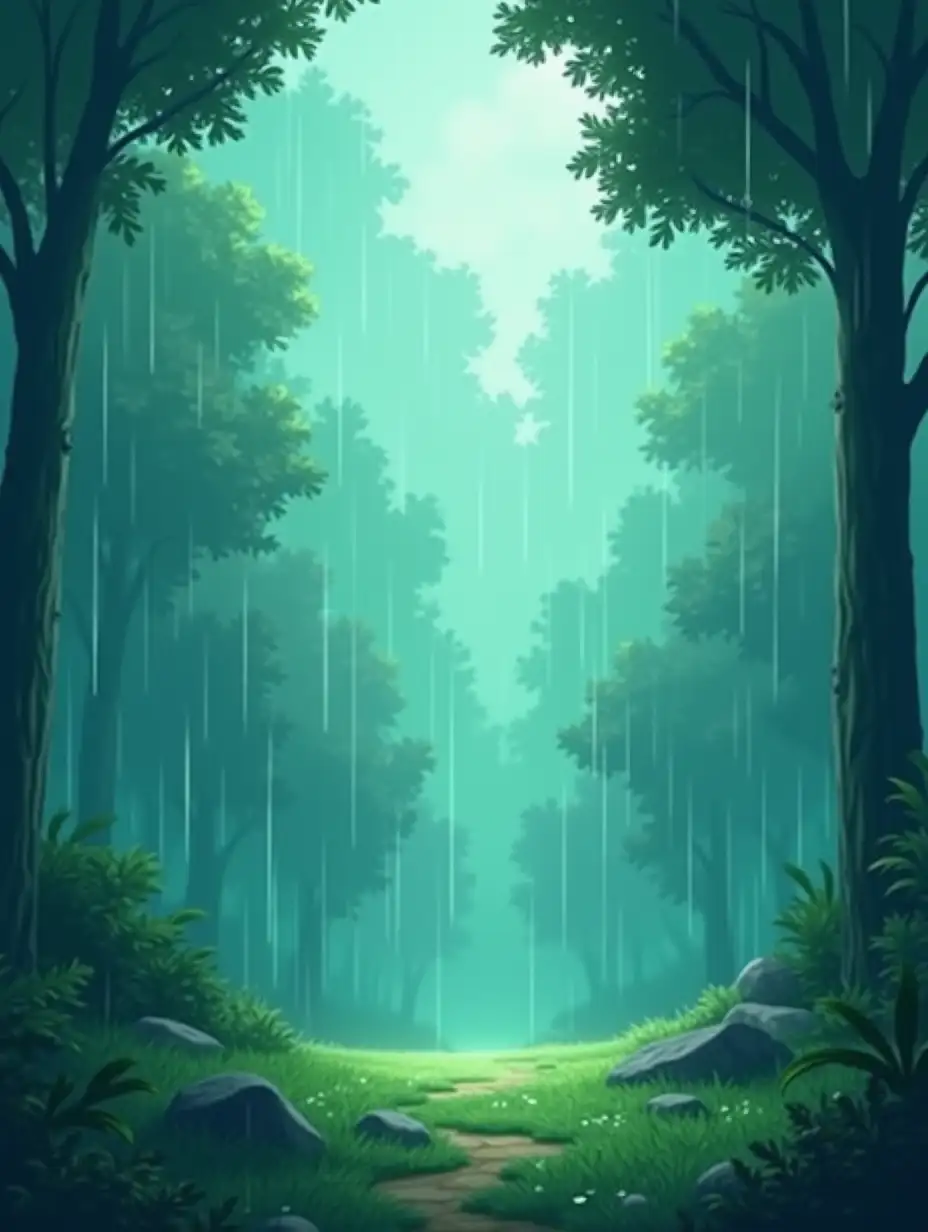 Soft anime, Rain, forest, green leaf shield the rain away like a cartoon scene , aesthetic, beautiful, clouds