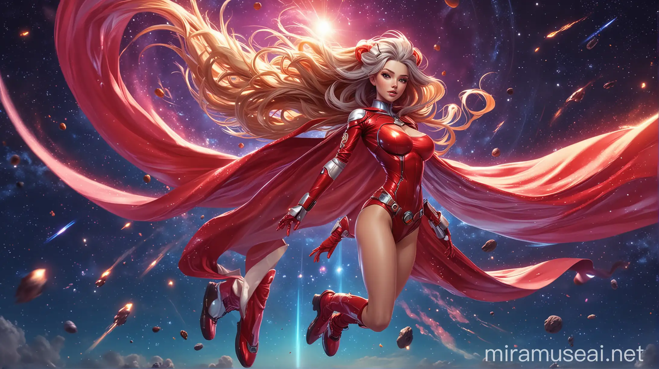 cartoon style, full-length perfect fitness body skinny Santa's girlfriend, very big breast, long wild colorful hairstyle, beauty high cheekbones face, tight futuristic spacesuit with glowing parts and detailed armor, fluttering in the wind long colorful cape, colorful night sky with planetary collision with bright explosion