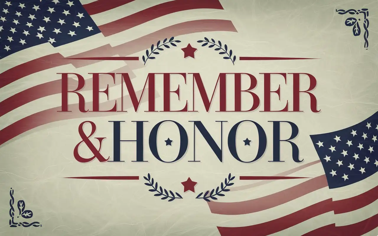 Memorial Day Remember & Honor text in elegant serif font with red, white, and blue accents, placed on a subtle textured background featuring a waving flag, laurel wreaths, and minimal patriotic icons for a respectful and timeless design