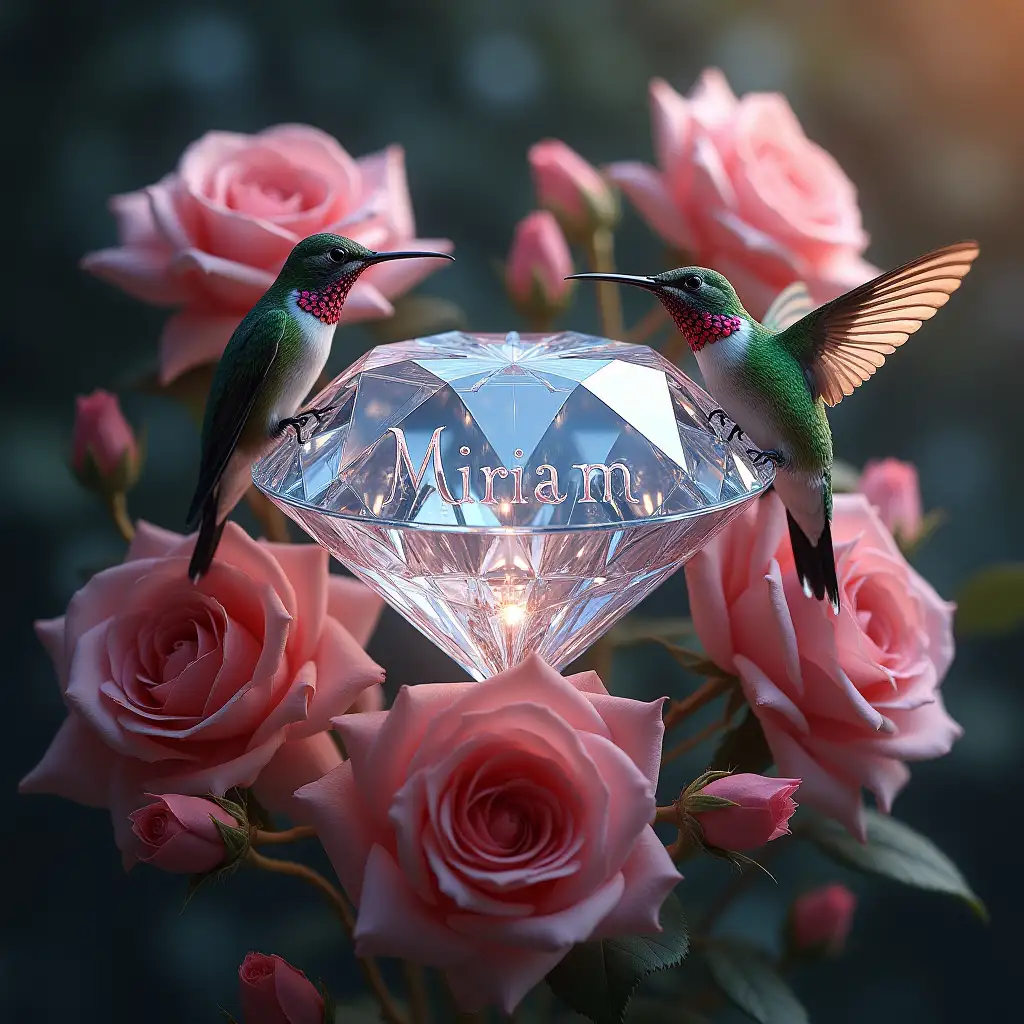 Create an image of a diamond engraved with the name Miriam in a hyperrealistic image and use roses and hummingbirds