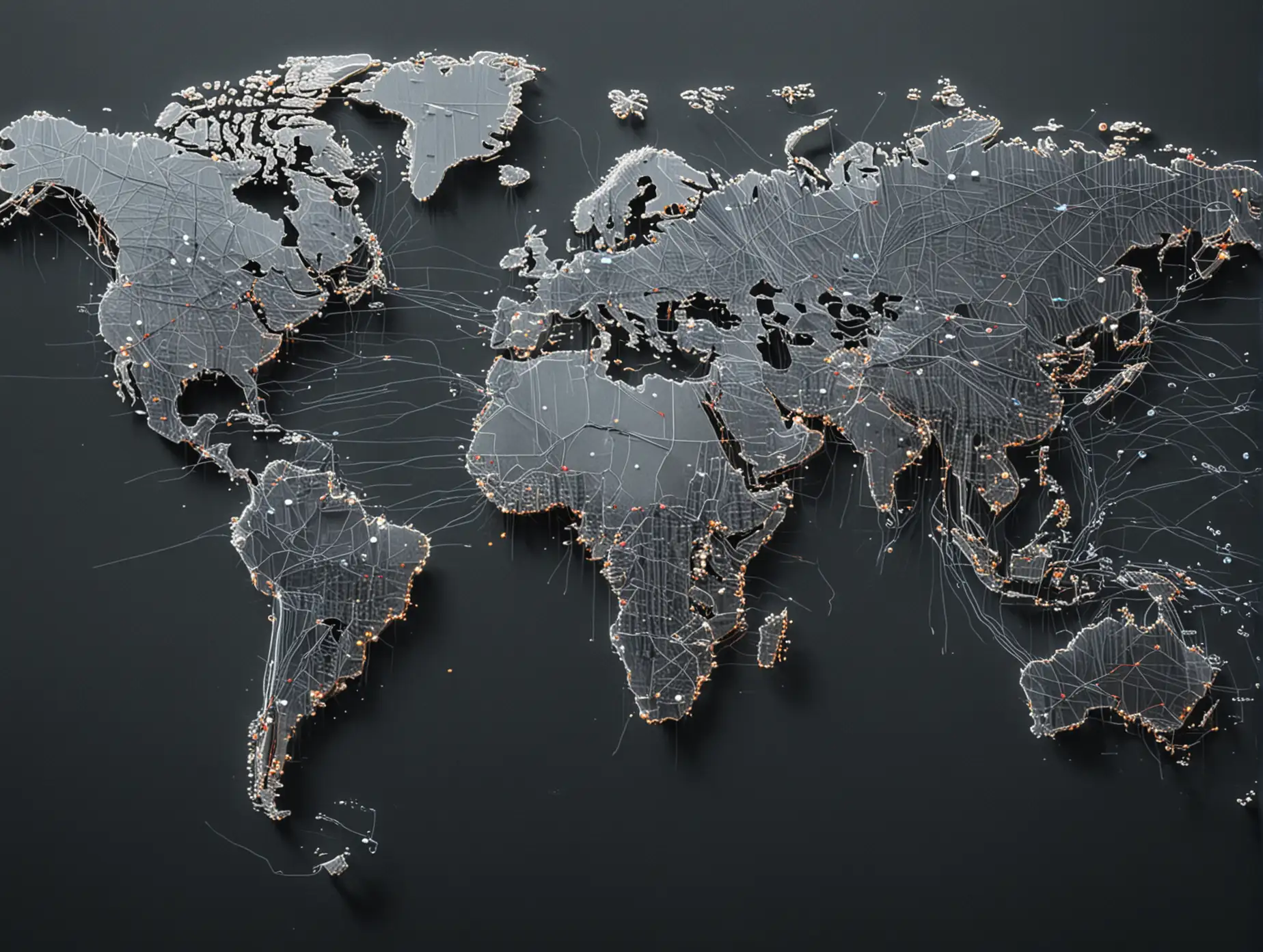 A world map, with lines connecting countries, countries shaped like semiconductor chips, and trade between nations resembling a semiconductor's circuit.