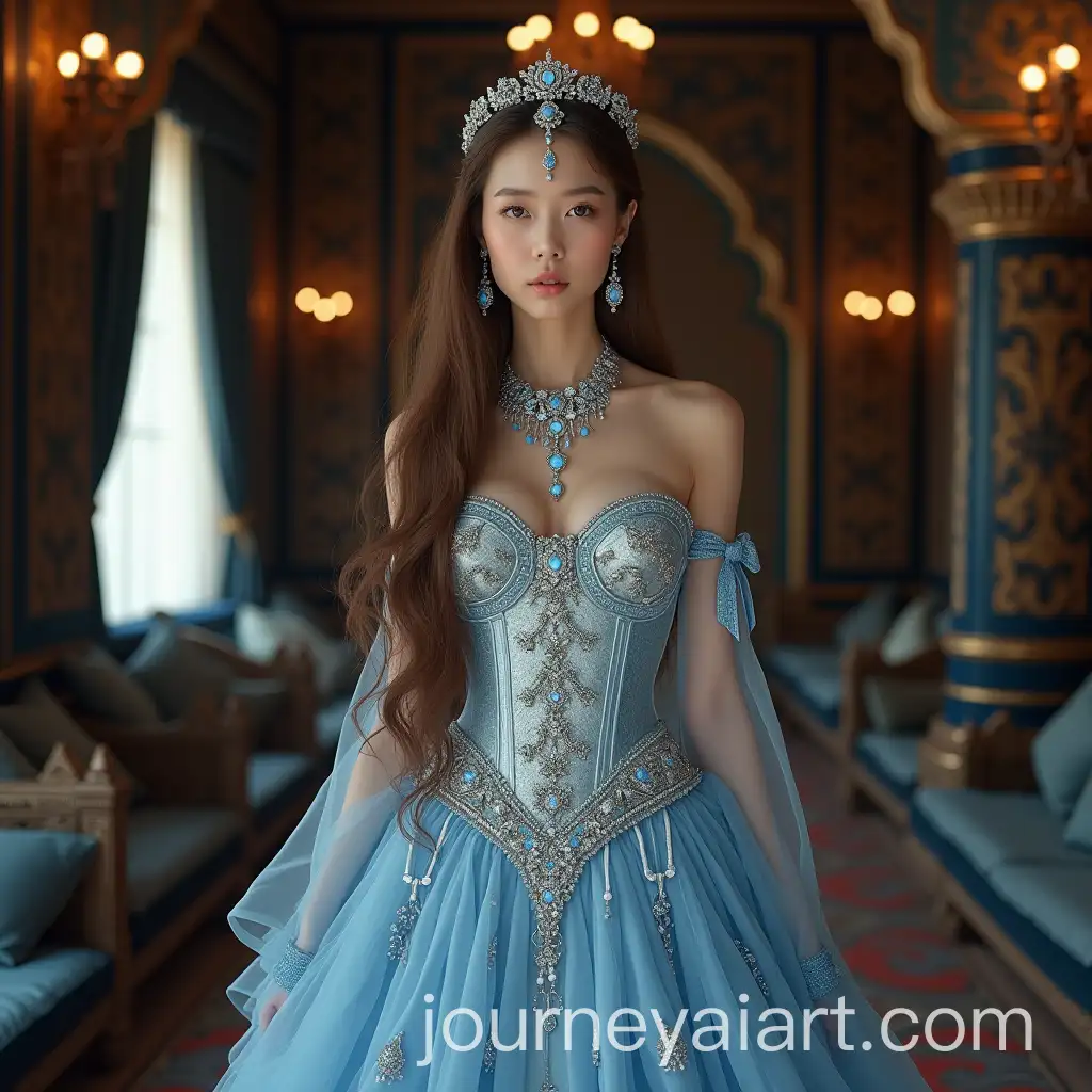Elegant-Girl-in-SkyBlue-Dress-with-Tiara-in-Ornate-Oriental-Interior
