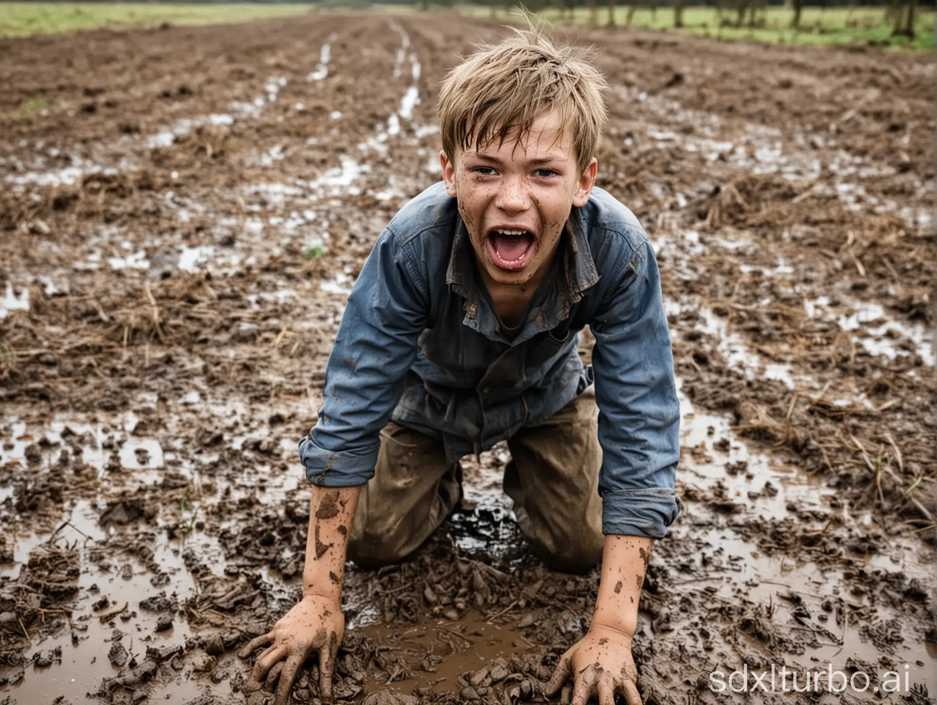 Young-Boy-Playing-in-Muddy-Field-with-Tongue-Out