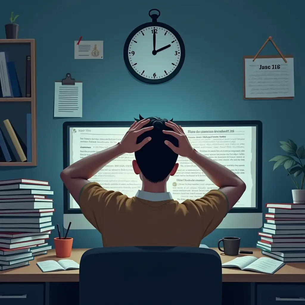 A college student sits at his desk, exhausted, holding his head as he tries to correct the formatting of an academic paper on the computer. In the background, a clock shows the passage of time, indicating that he has been trying to adjust ABNT standards for hours. The computer screen displays a disorganized document, with misaligned margins and incorrect spacing. Stacks of notes and academic books accumulate around, reinforcing the student's frustration. The environment has slightly cold lighting, conveying the feeling of prolonged effort and tiredness. Semi-realistic style, focusing on the expression of tiredness and the detail of time passing