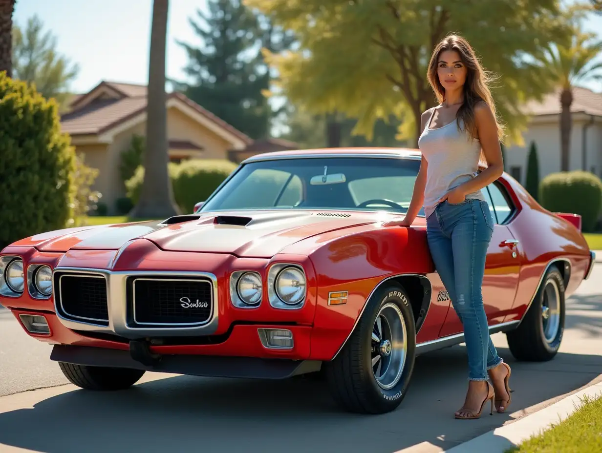 Bermuda-Woman-in-Jeans-Posing-with-a-New-Pontiac-Car