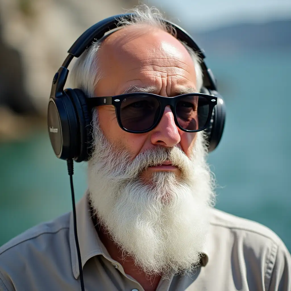 White bearded man with sunglasses and headset on his head