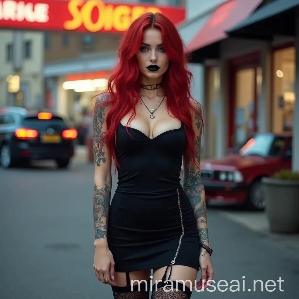 Cyberpunk Woman with Colorful Tattoos in Urban Setting