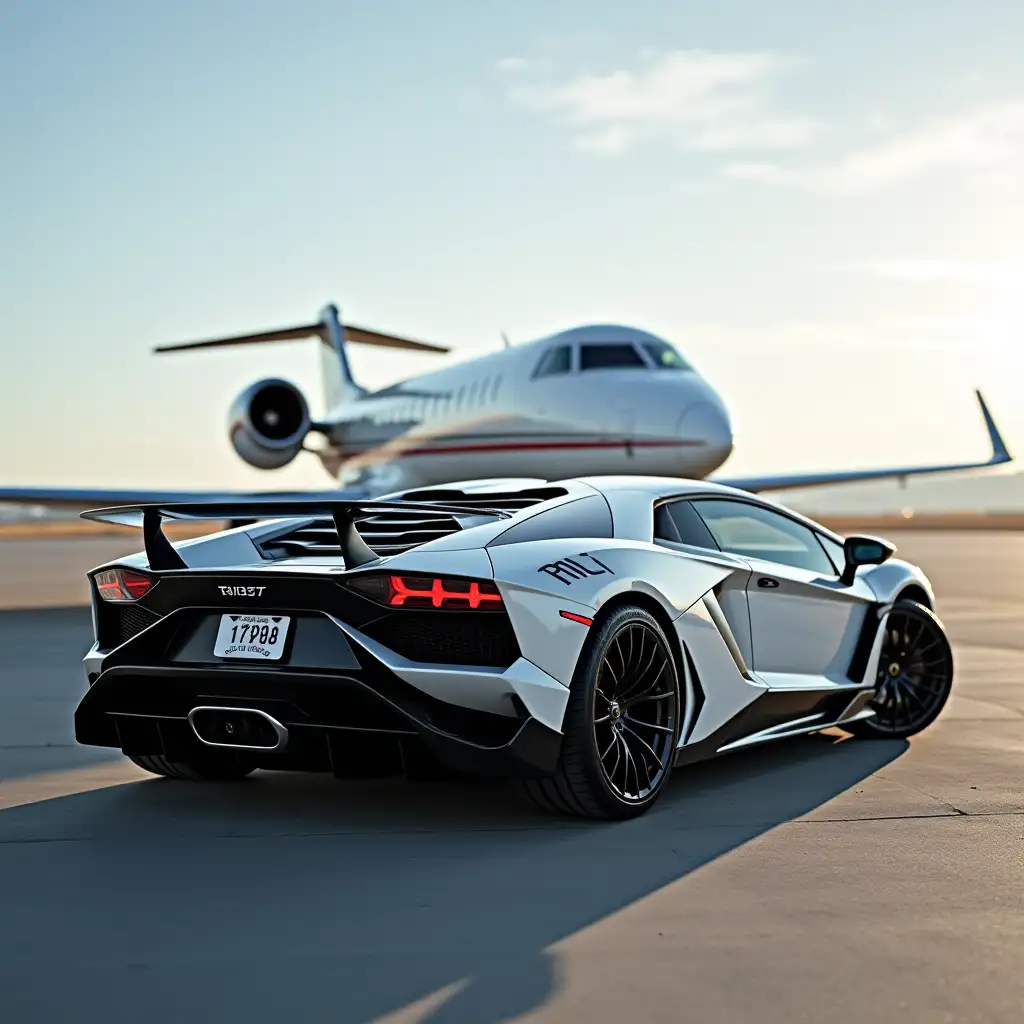 A sports car behind a private jet in airport