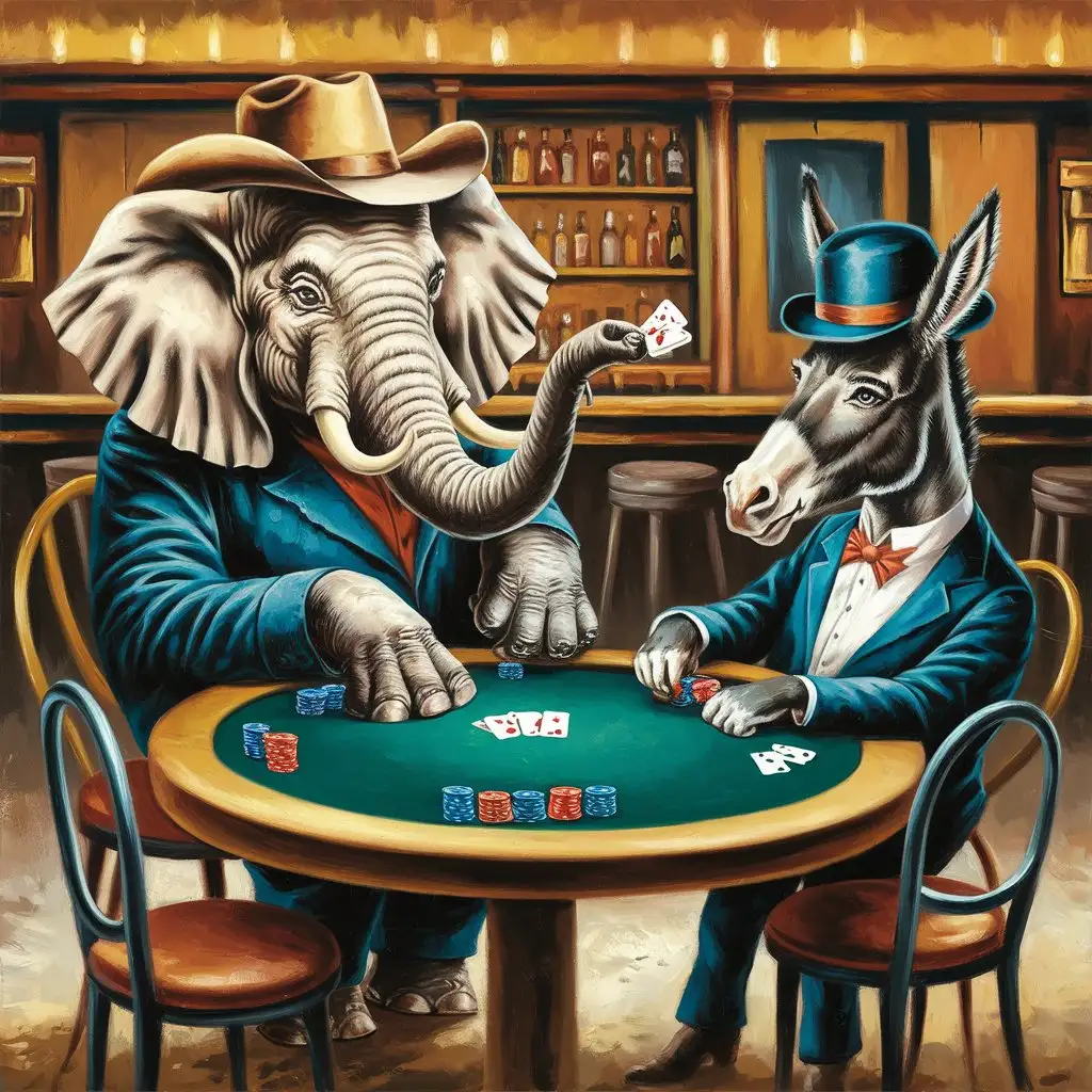 Political Elephant and Donkey Playing Poker in Old Western Style