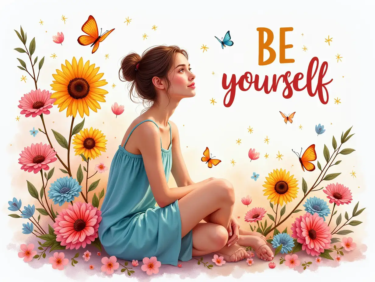 Vector illustration, Art style: Watercolor art. Create a vibrant and enchanting scene of a young woman sitting gracefully, surrounded by a kaleidoscope of flowers, including bright sunflowers, pink daisies, and teal blossoms. Blend whimsical illustration with hyperrealism, highlighting intricate details in the flowers and the woman's expressive features. The text 'BE yourself' should be written in bold, colorful letters, with a neon effect. Use a harmonious color palette of pastel pinks, bright yellows, and striking turquoise, with soft gradients and sparkling accents. Add delicate butterflies fluttering around to enhance the magical atmosphere.