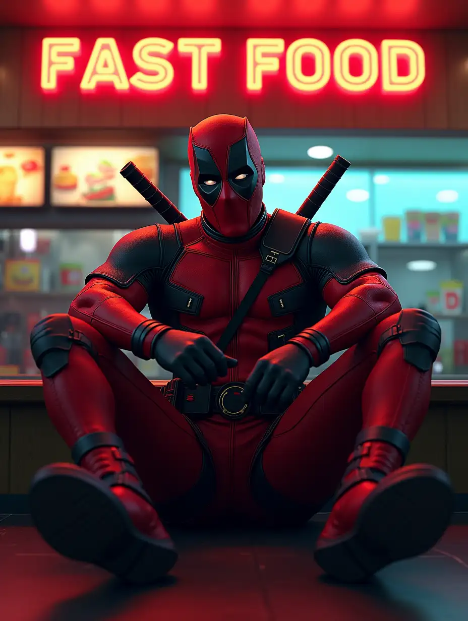 Create images of Deadpool character, fast food promotional photo, sarcasm, katanas, recumbent pose, scarred skin, brown eyes, bald, no hair, muscular build, mask, red and black suit, combat boots, fast food restaurant, on the counter, Marvel Comics style, neon lighting, vertical shot, digital art, Rob Liefeld palette, 8K