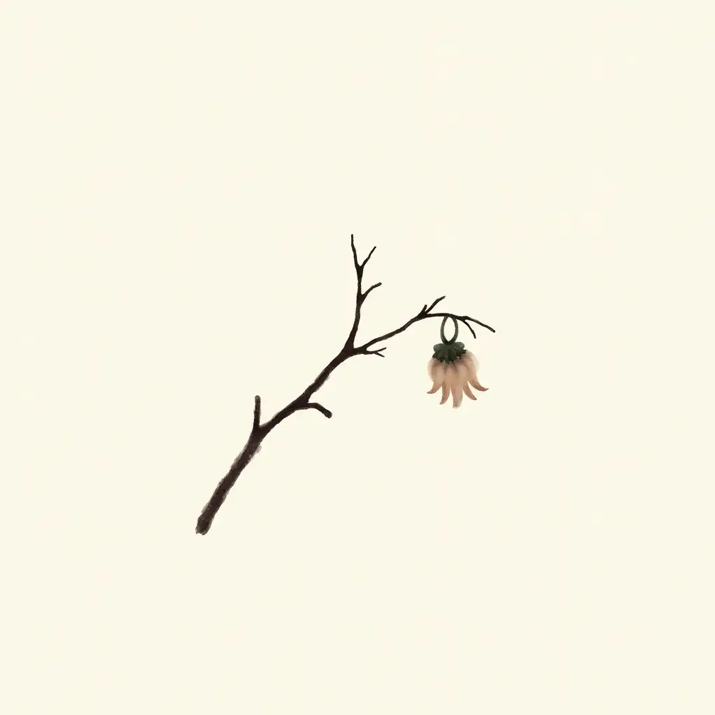 A sumi-e painting depicting the silhouette of a dry branch and, next to it, a flower bud about to bloom. The background is soft and empty, suggesting pause and hidden potential. The contrast between the branch and the button symbolizes the importance of rest and break for something new to emerge. Delicate and fluid strokes evoke serenity and the natural rhythm of things.