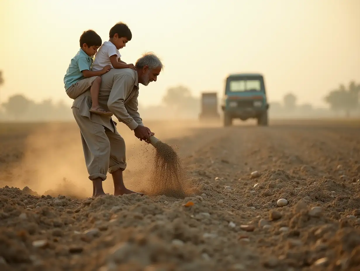 Pakistani Farmer sowing a seed, time half past quarter of the day. On the back of the farmer his kids are playing. Land is barren.