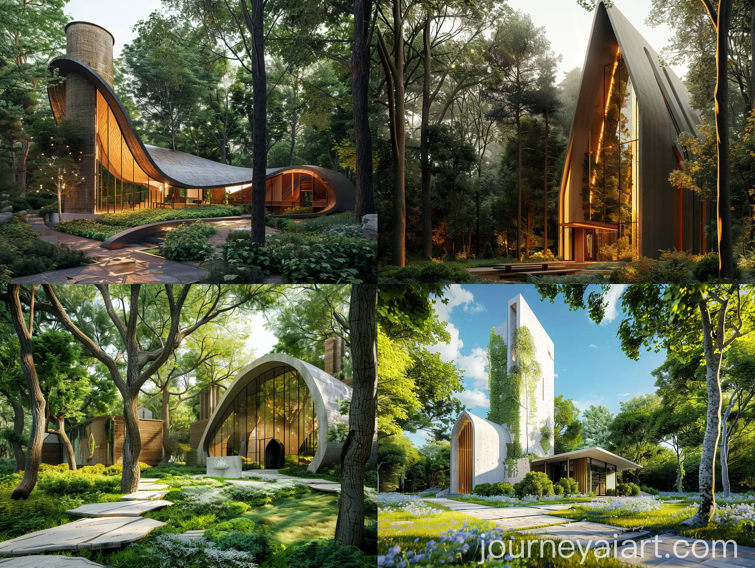Modern-Church-in-Forest-of-Oak-Trees-with-Garden