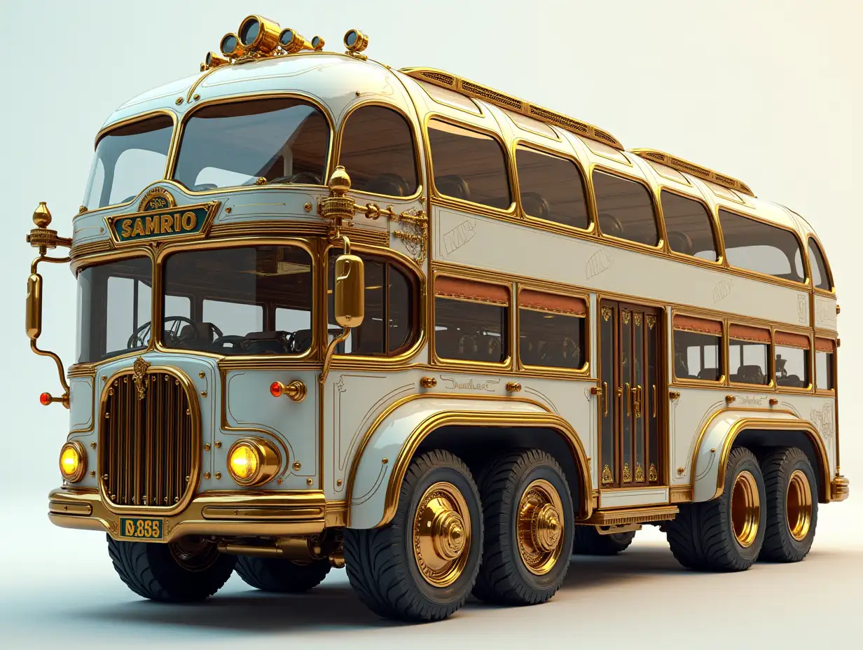 A super modern bus with three levels and eight wheels gold and white Steampunk