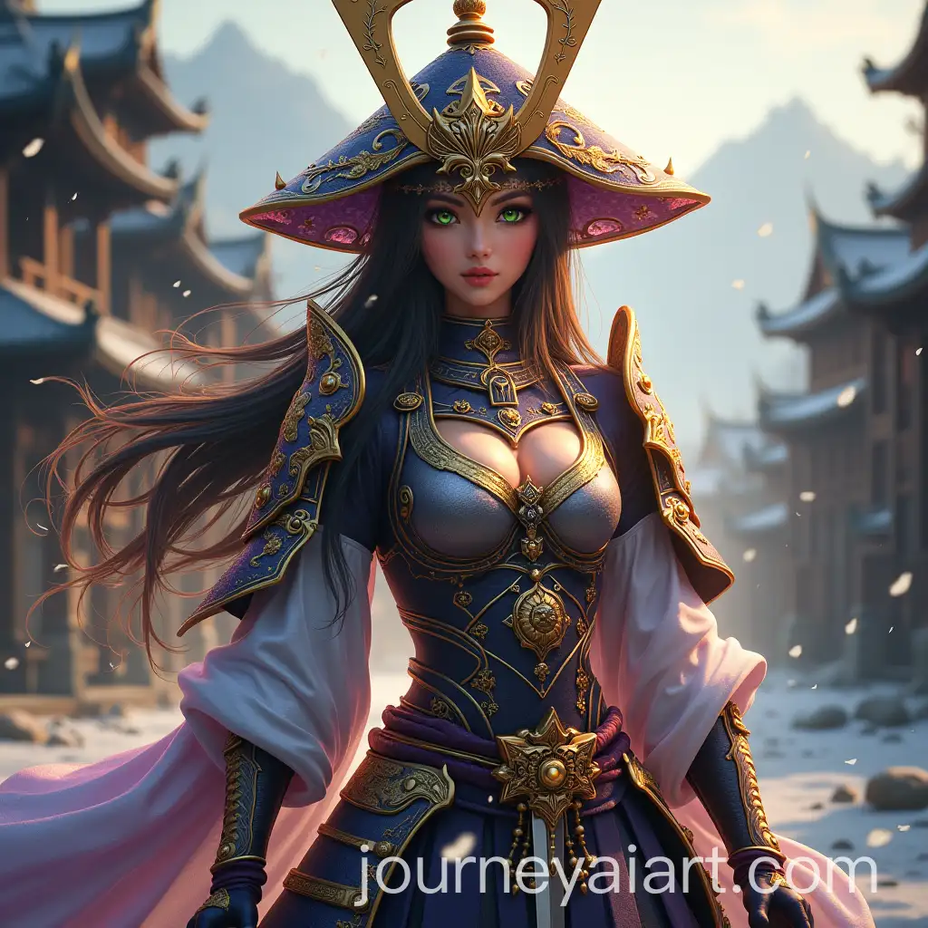 Majestic-Samurai-Girl-with-Glowing-Aura-in-a-Snowy-Ancient-Town