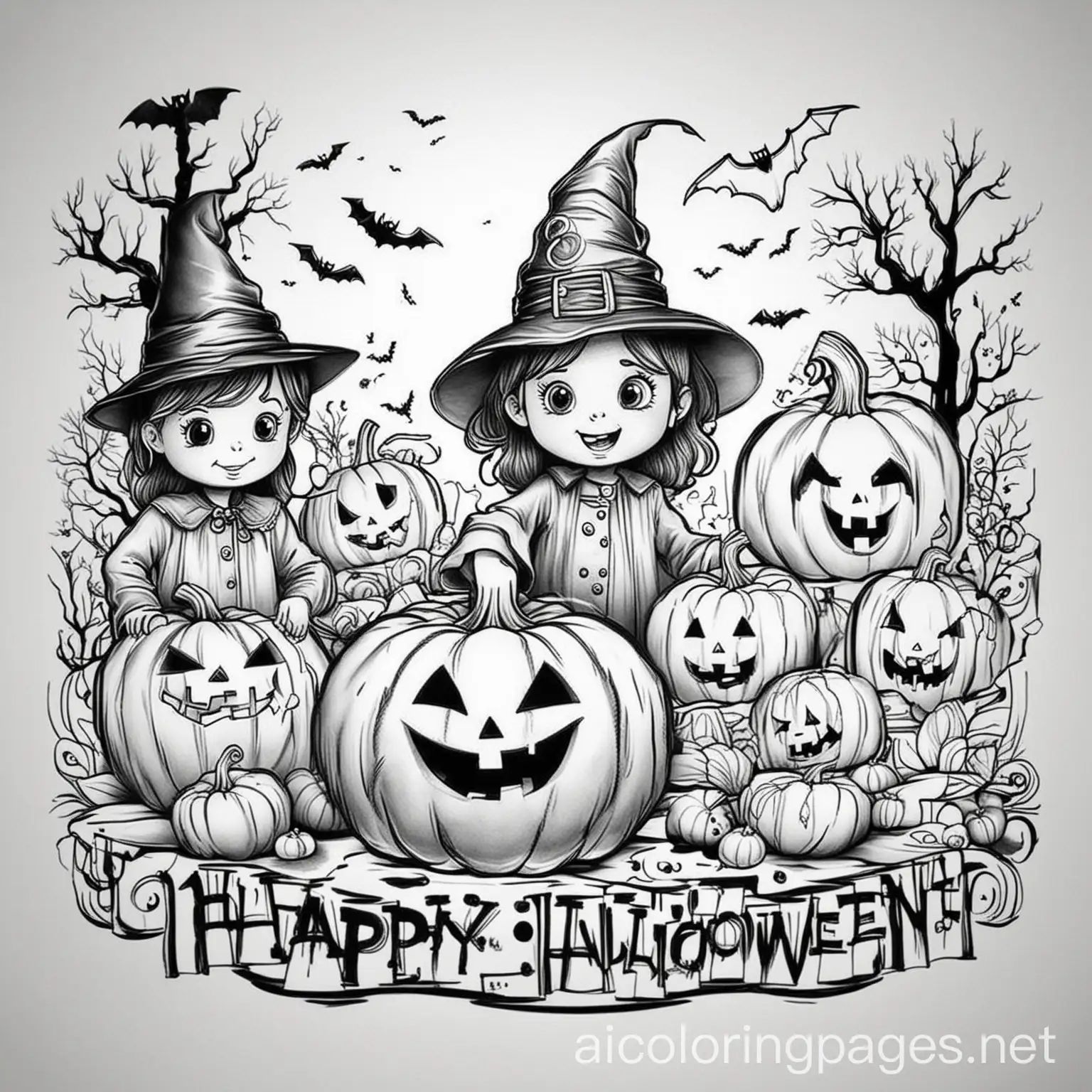 Happy-Halloween-Coloring-Page-for-Kids-Simple-Line-Art-on-White-Background