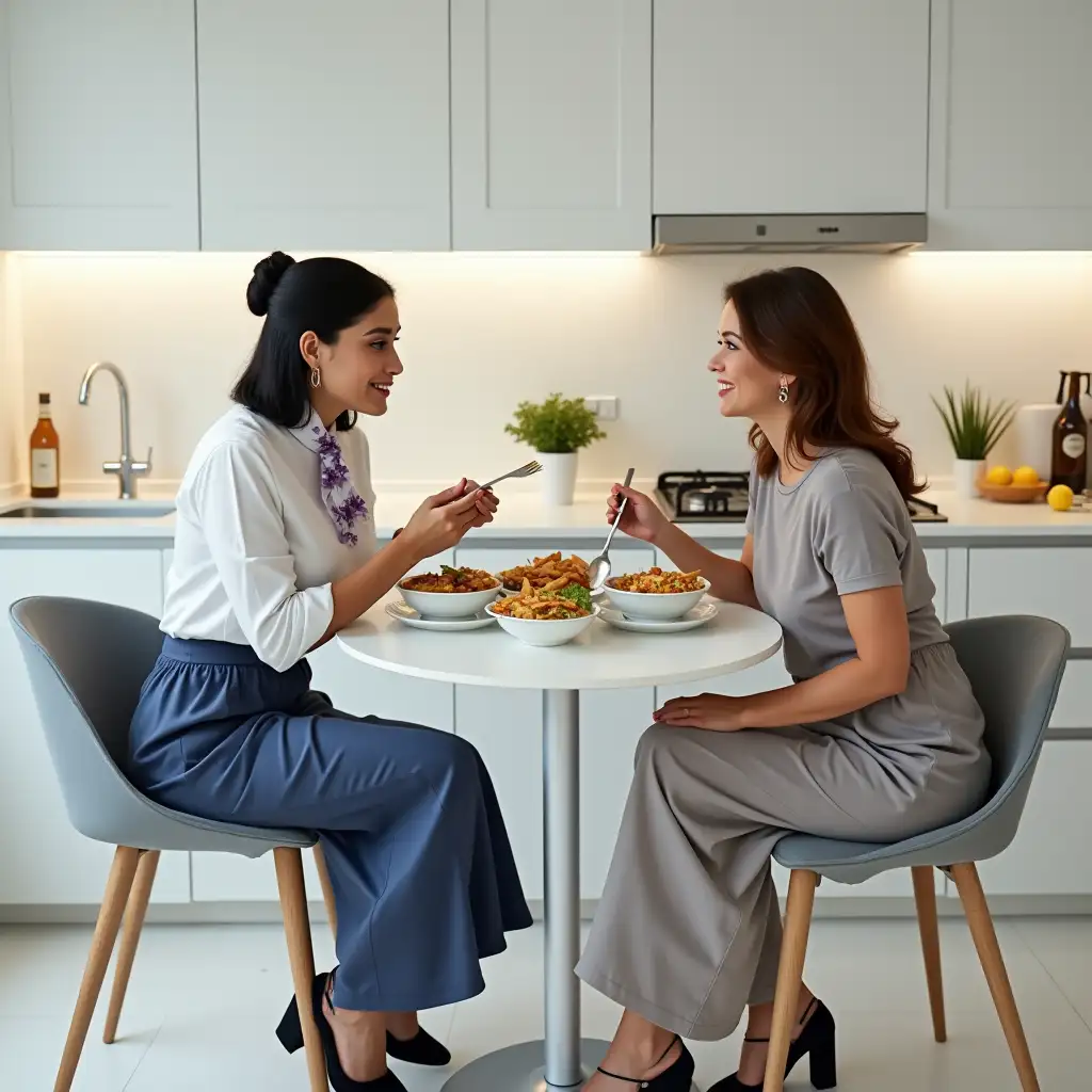 A kitchen scene. Two women, the woman in the left , is attractive milf white-skinned, 20’s or 30’s, with si too beautiful sexy face with makeup . She has black hair styled bob and bun and a white scarf in the neck with purple flower draw , a white blouse ,long blue skirt and black wedge high heeled sandals platform enjoying her nachos with guacamole in a bowl . and another woman light-skinned, middle-aged, with shoulder-length brown/auburn hair wearing a light gray/taupe top and light gray/taupe pants, are seated at a table in the mid-ground, facing each other and engaged in conversation. The woman on the left is slightly turned towards her plate and is looking down as if eating. The woman on the right is engaged in conversation and is slightly turned to face the woman on her left. The kitchen has a modern, light-colored interior with white walls, light gray chairs and table, and touches of light-green plants. The lighting is bright and even, providing a neutral atmosphere. The focus is on the two women at the table environment are present in the background. The perspective is slightly above the seated figures, and the composition is a full shot of a kitchen scene. The style is observational and natural. The tables are round, with round plates and dishes of food visible, and bottles of beverages.
