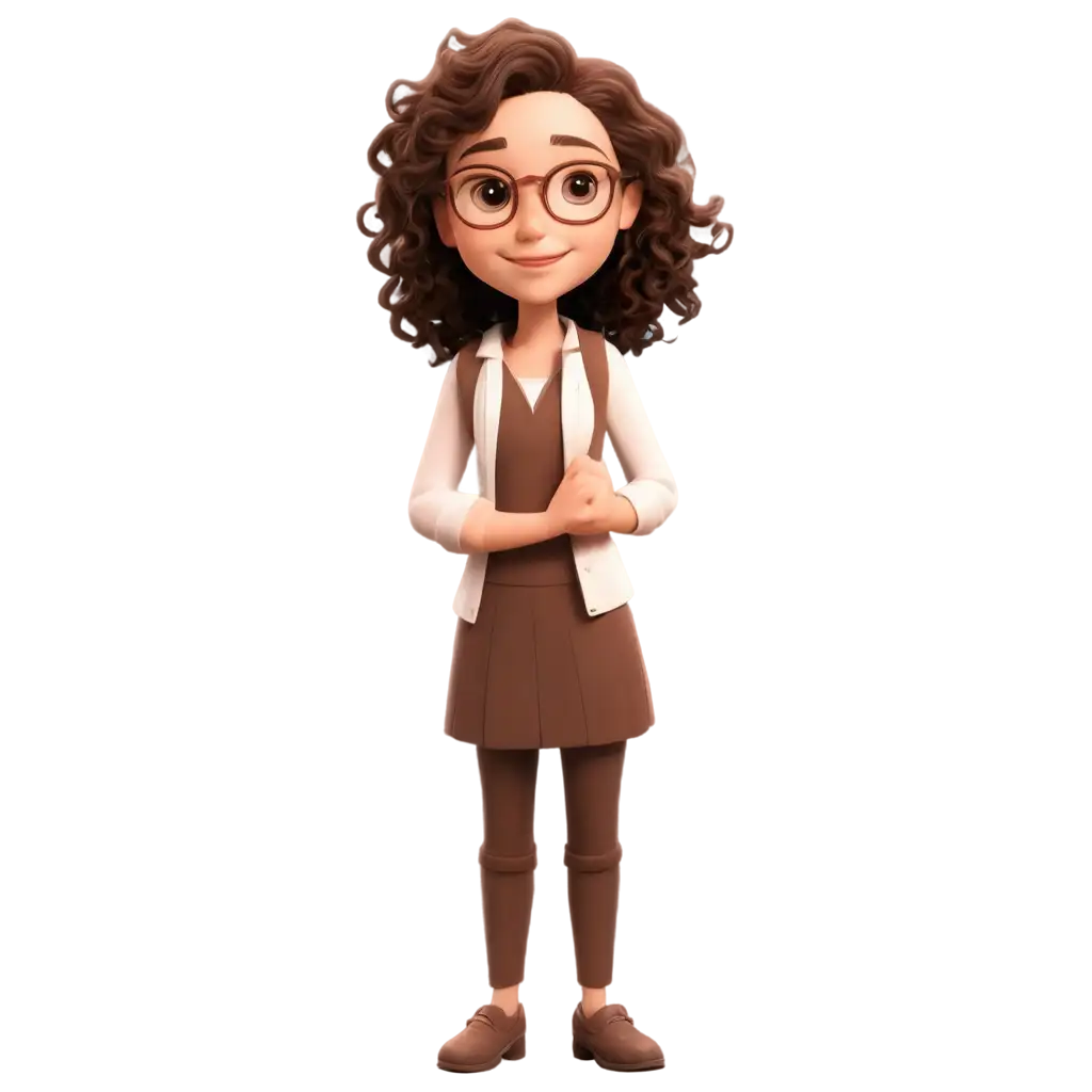 PNG-Cartoon-Illustration-of-a-Girl-White-Teacher-with-Brown-Curly-Hair-and-Brown-Eyes