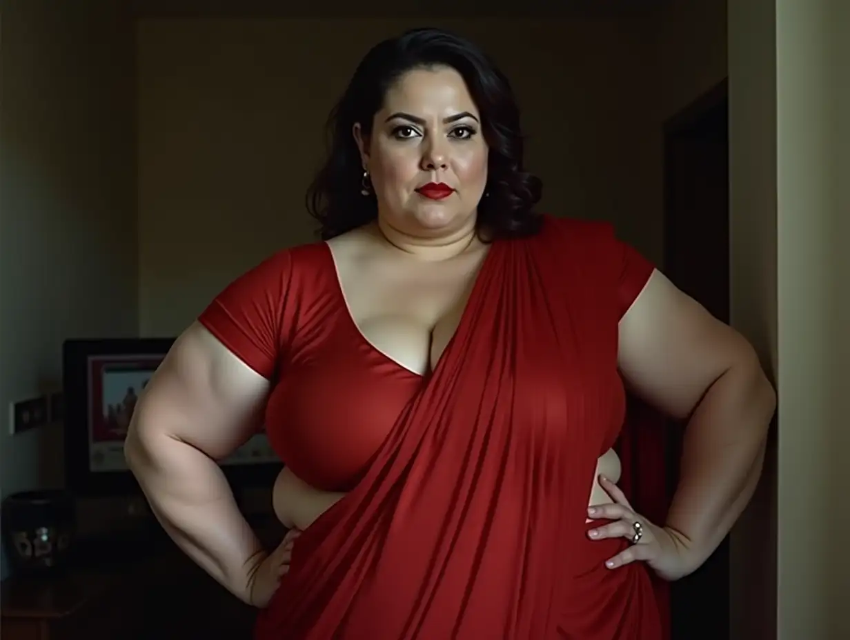 Pale-Skin-PlusSize-Bodybuilder-Woman-in-Elegant-Red-Saree-with-Exaggerated-Muscular-Physique