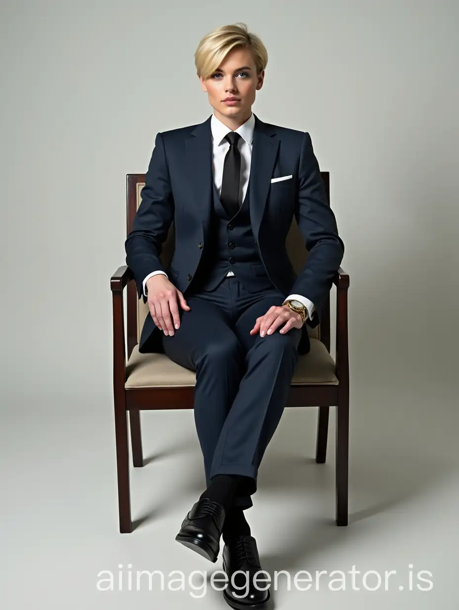 Elegant-Blonde-Woman-in-Mens-Suit-Sitting-in-Chair-with-Stylish-Accessories