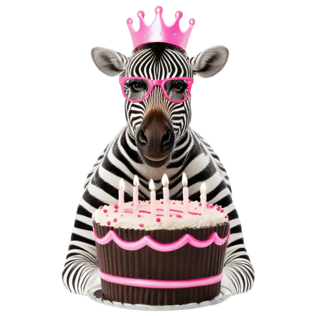 a zebra with a crown and pink glasses blows out candles on a festive cake