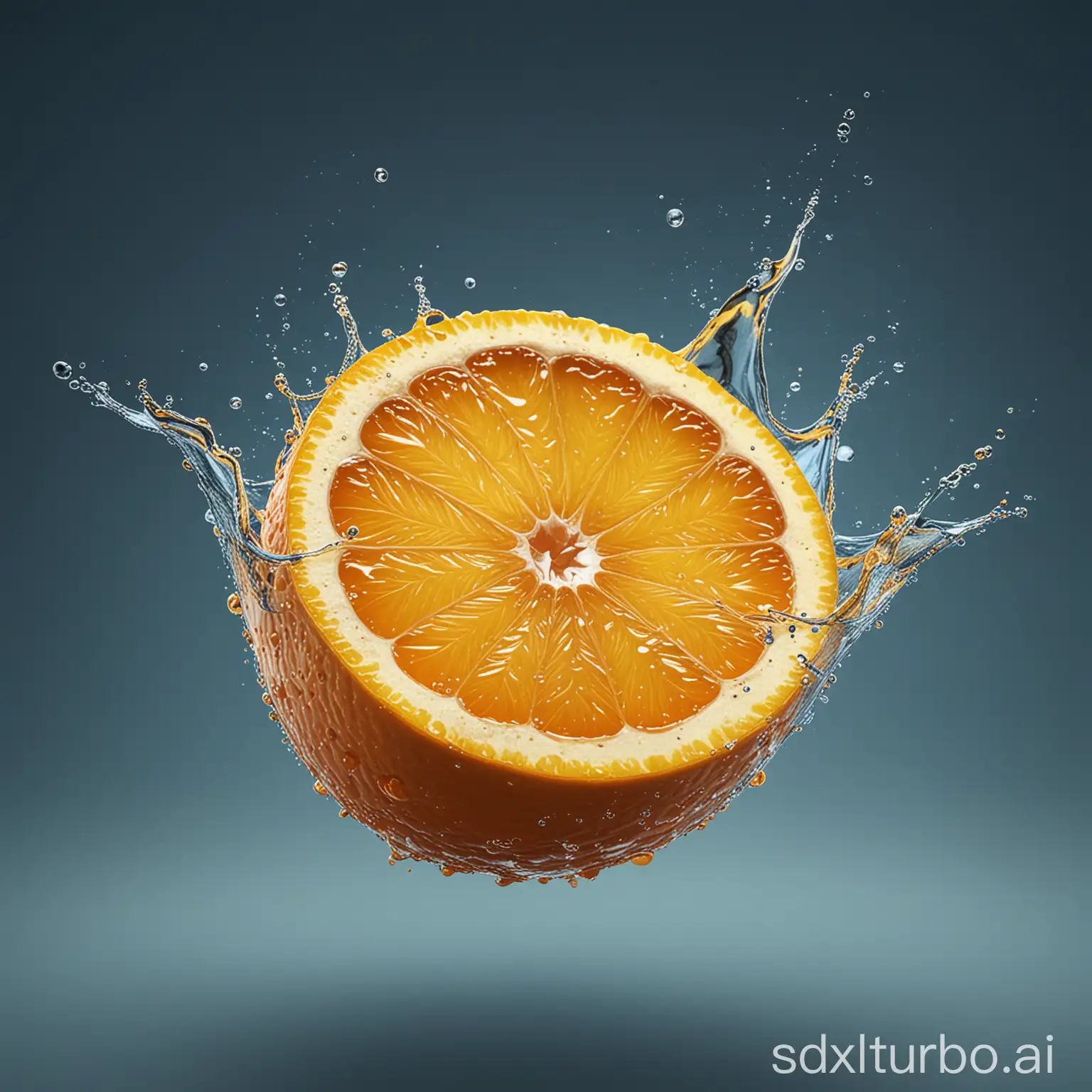 HyperRealistic-Orange-Fruit-with-Splashing-Juice-on-Blue-Background