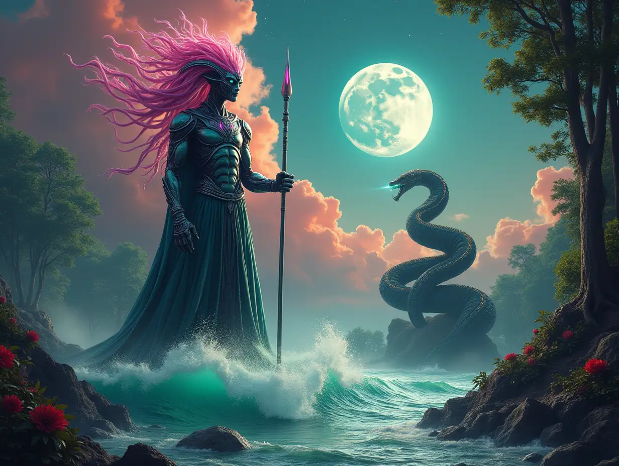 Hyperrealistic portrait of an alien king 15 meters tall with metal hair pink and green glowing with spear in the sea in front of a 10 meter alien predator with giant alien snake with waves on a rock with plants   the intricately detailed, colorful forested planet with giant trees with moon stars and red clouds background