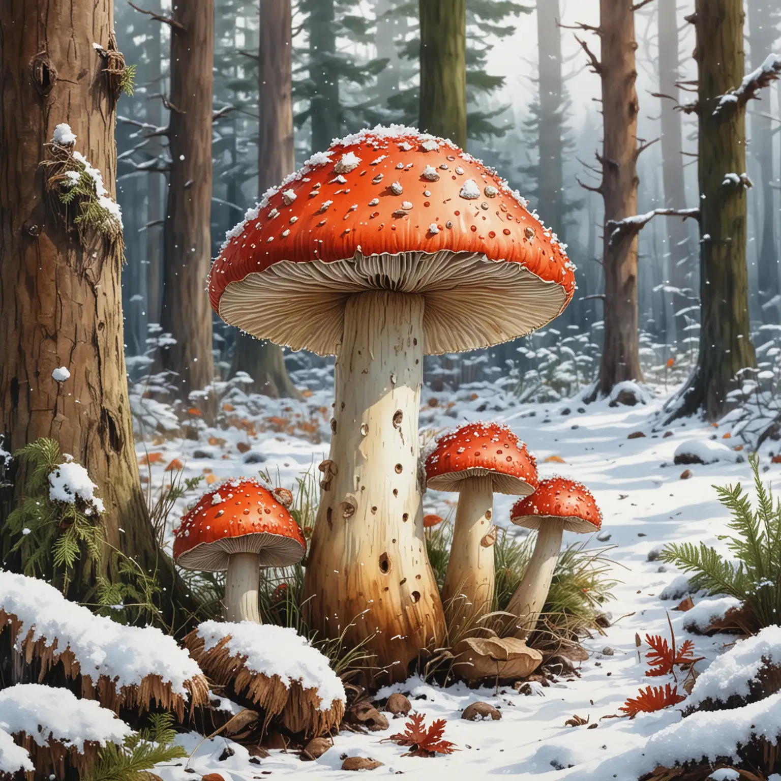 Large-Fly-Agaric-Mushroom-in-Snowy-Forest-Watercolor-Art