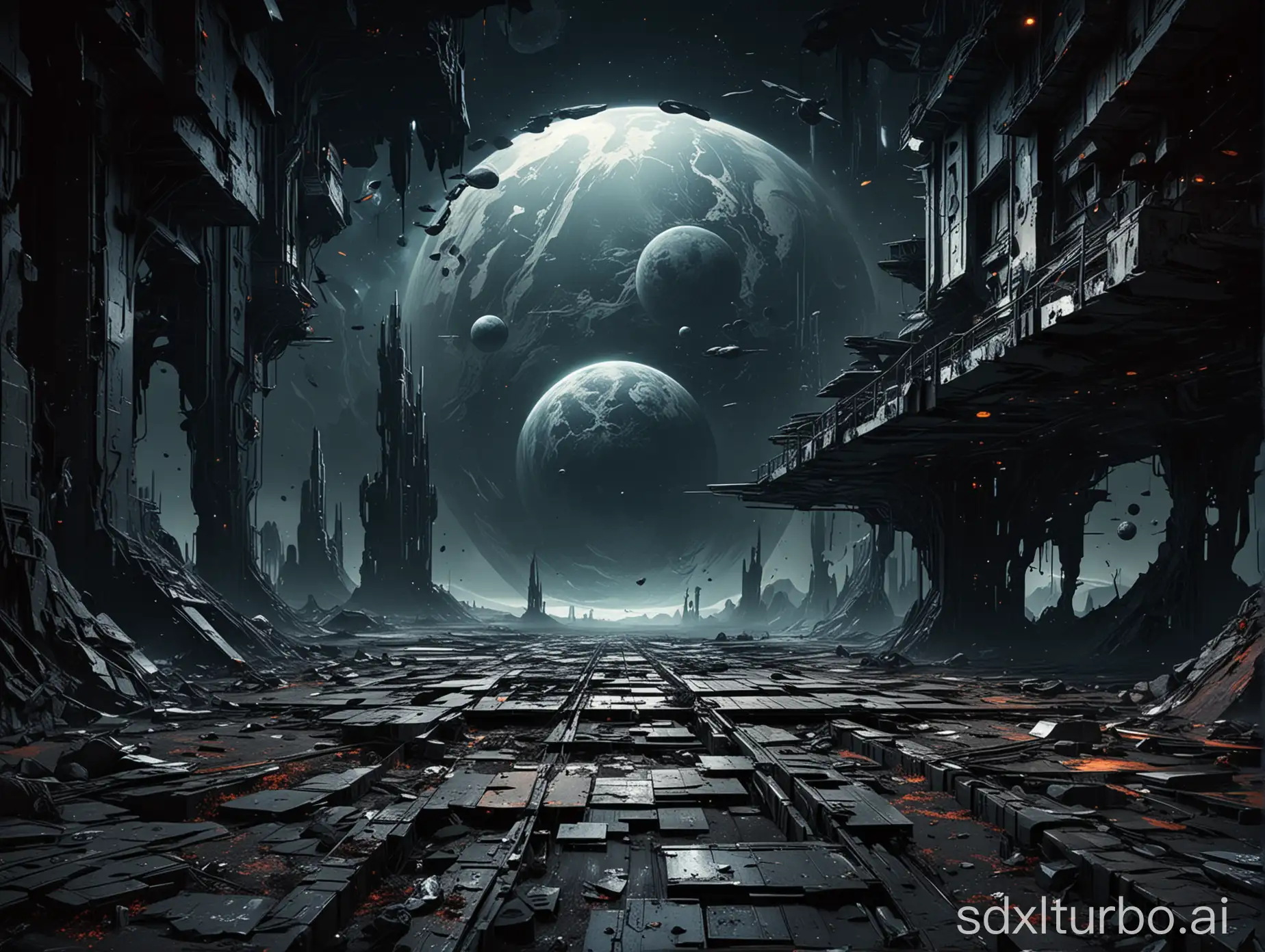 Painted Dark and beautiful futuristic place with platform ,planet  view with debris 