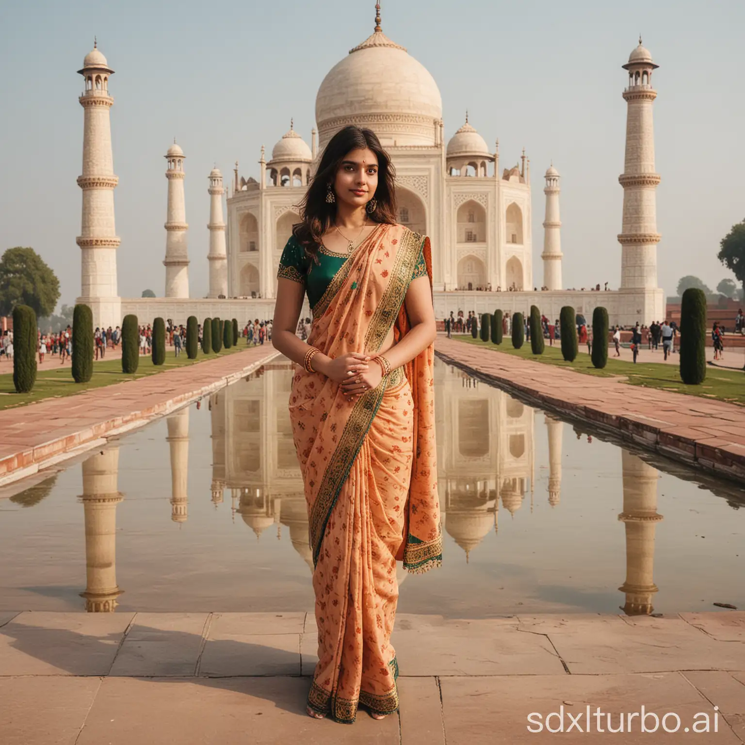 A girl in a traditional Indian saree, standing in front of the Taj Mahal with her friend.