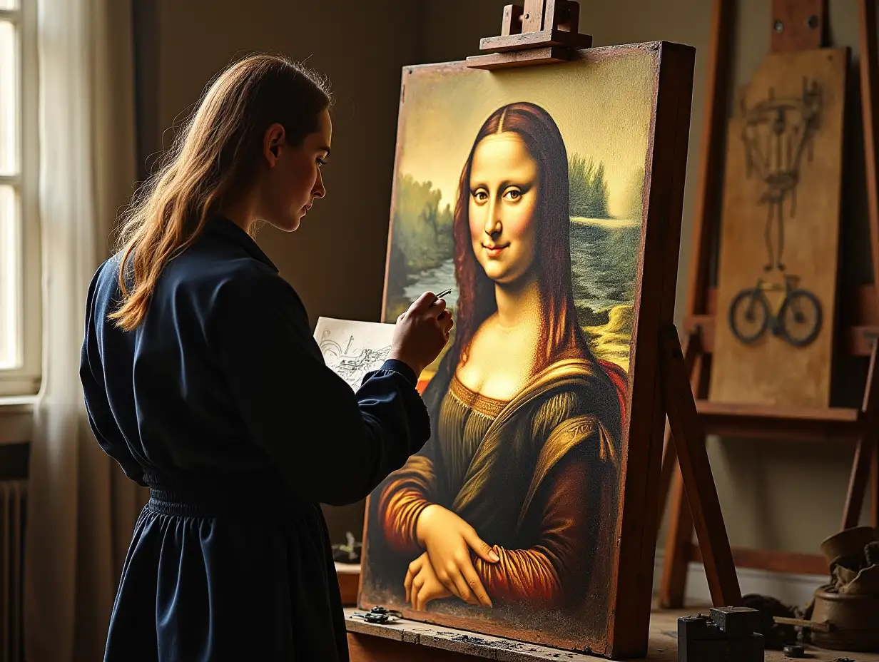 user_prompt: Renaissance painter Da Vinci is painting a portrait of Mona Lisa's smile, with early mechanical devices and sketches surrounding the draft.