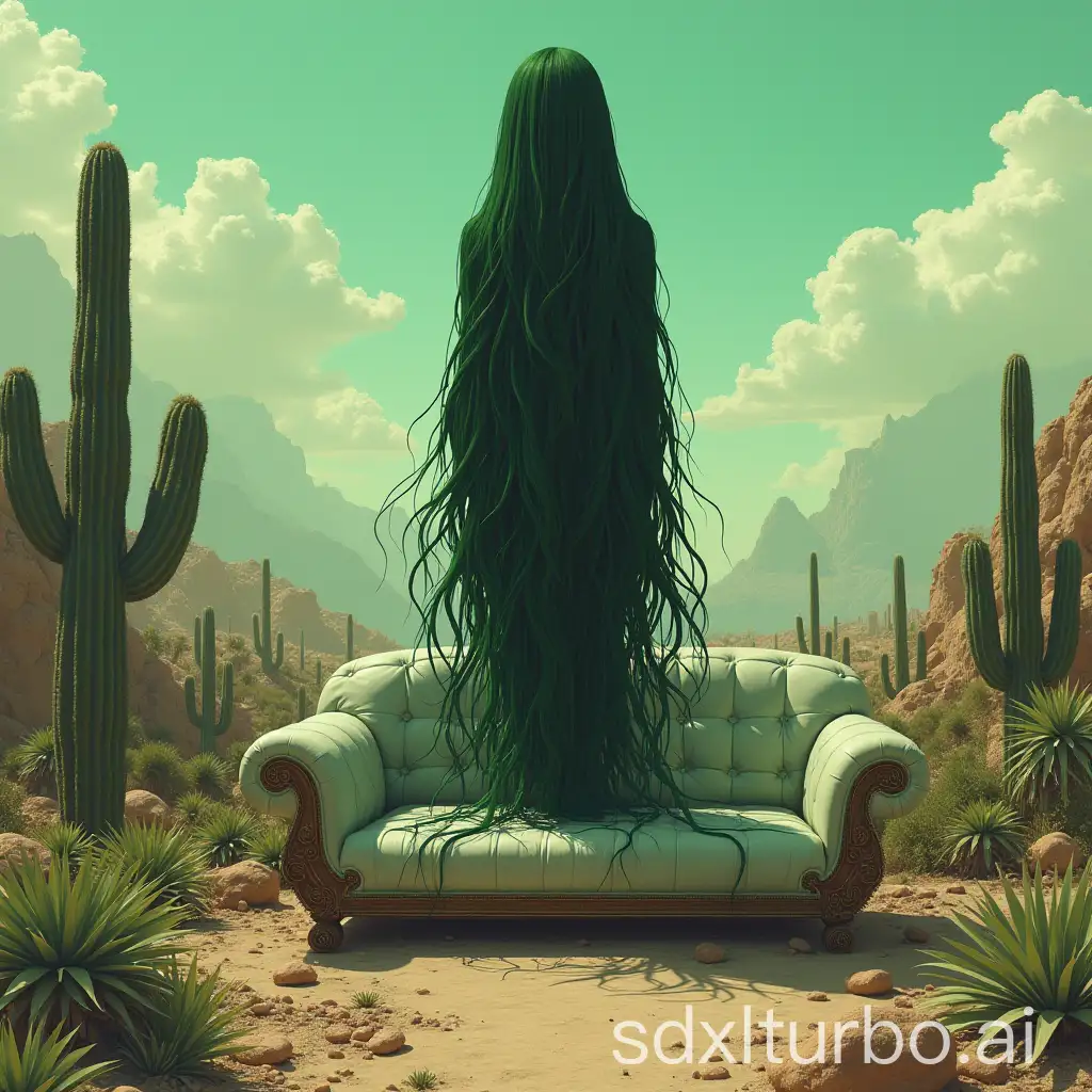 Tall-Woman-with-Long-Hair-Surrounded-by-Lush-Plants-in-a-Marble-Desert