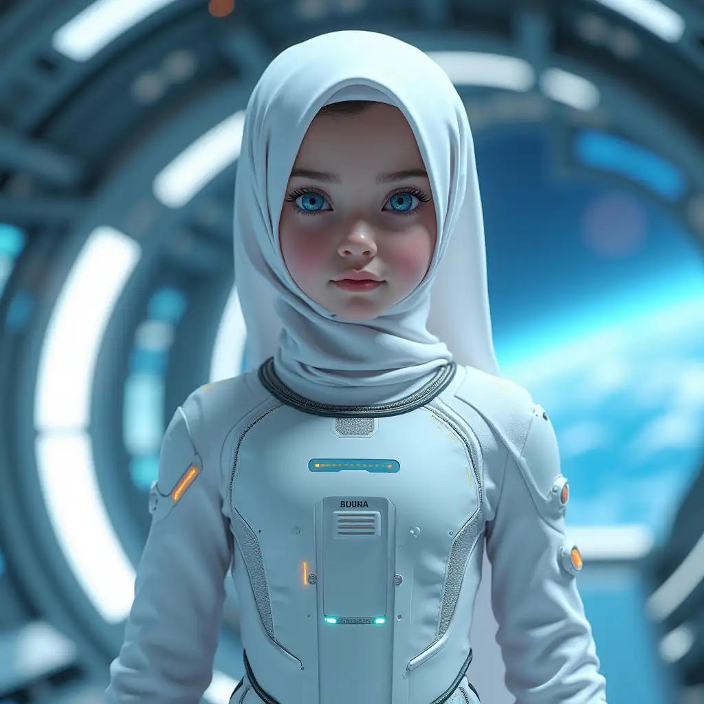 A futuristic and realistic depiction of a cute girl age 5 years in a high-tech sci-fi setting. She wears a striking Islamic hijab and has piercing blue eyes that gaze directly at the camera. She is dressed in a sleek, futuristic astronaut outfit in white, with intricate details blending advanced technology and modern fashion. The environment around her is a high-tech space station with glowing panels, holograms, and a starry view in the background. Her posture exudes confidence and strength, while her outfit highlights elegance and modernity. The lighting enhances the scene with a soft glow and vibrant accents.