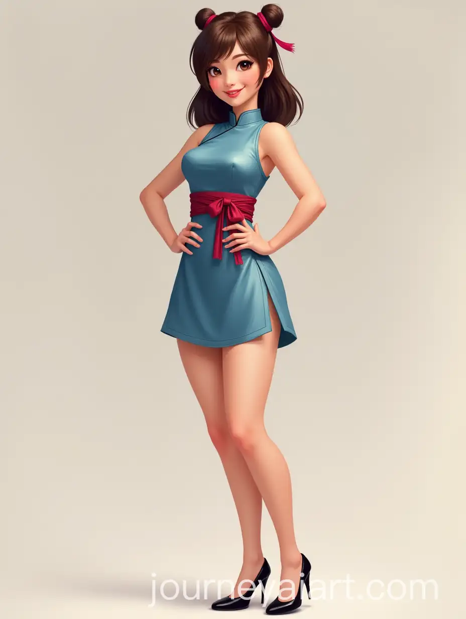 Beautiful-Chinese-Girl-in-Blue-Top-and-Red-Sash-with-Black-Stiletto-Shoes