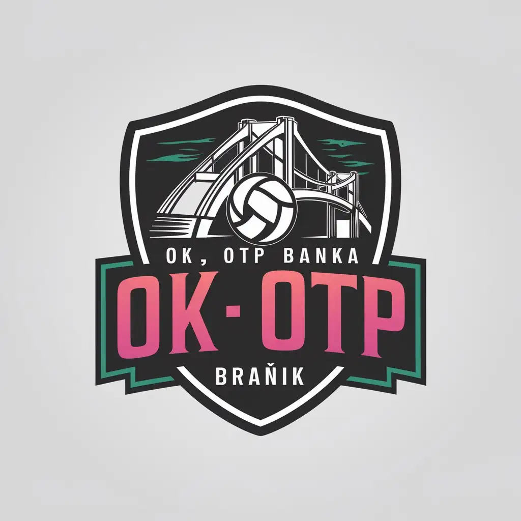 LOGO Design For OTP Banka Branik Shield with Volleyball and Maribor Bridge Theme in Black SilverGray Hot Pink Green