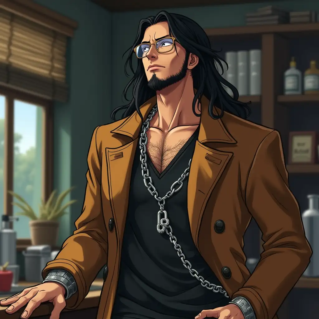 Tall Man in Brown Coat with Chains and Glasses Inspired by Anime