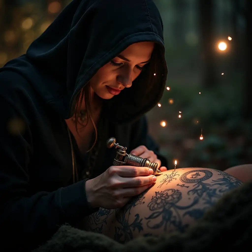 Female-Druid-Tattooing-Ancient-Symbols-in-Mystical-Setting