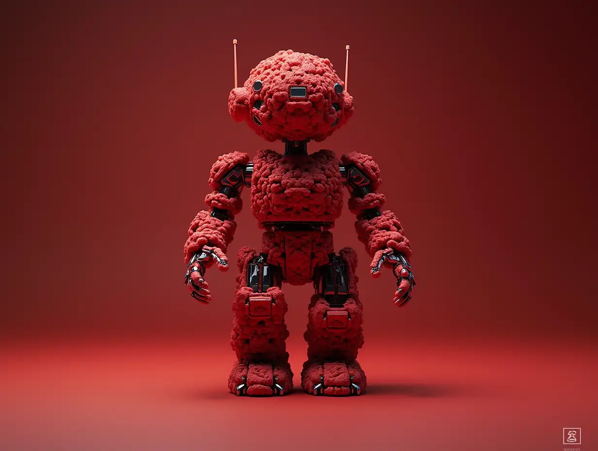 Create a high-resolution, realistic image of an artificial intelligence fractal colored redFractal humanoid robot, on the photo studio floor at 4-k resolution.