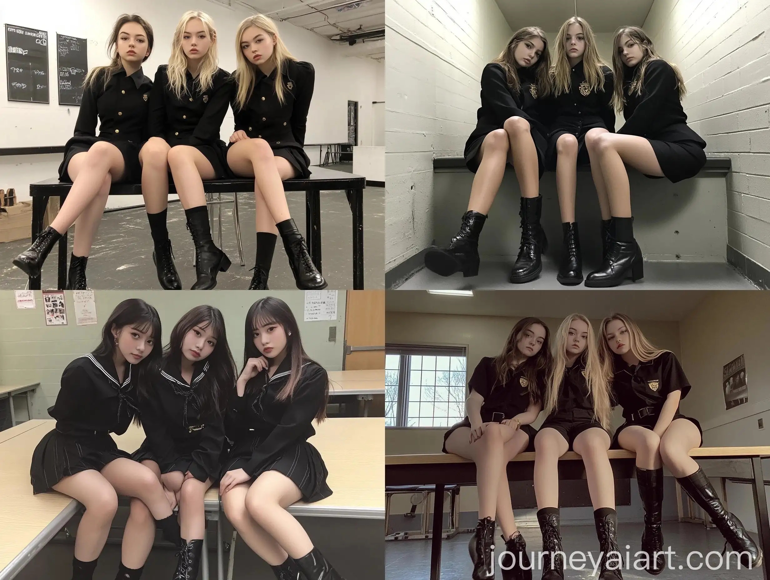 Three-Girls-Sitting-at-Table-in-School-Uniforms-with-Natural-Makeup