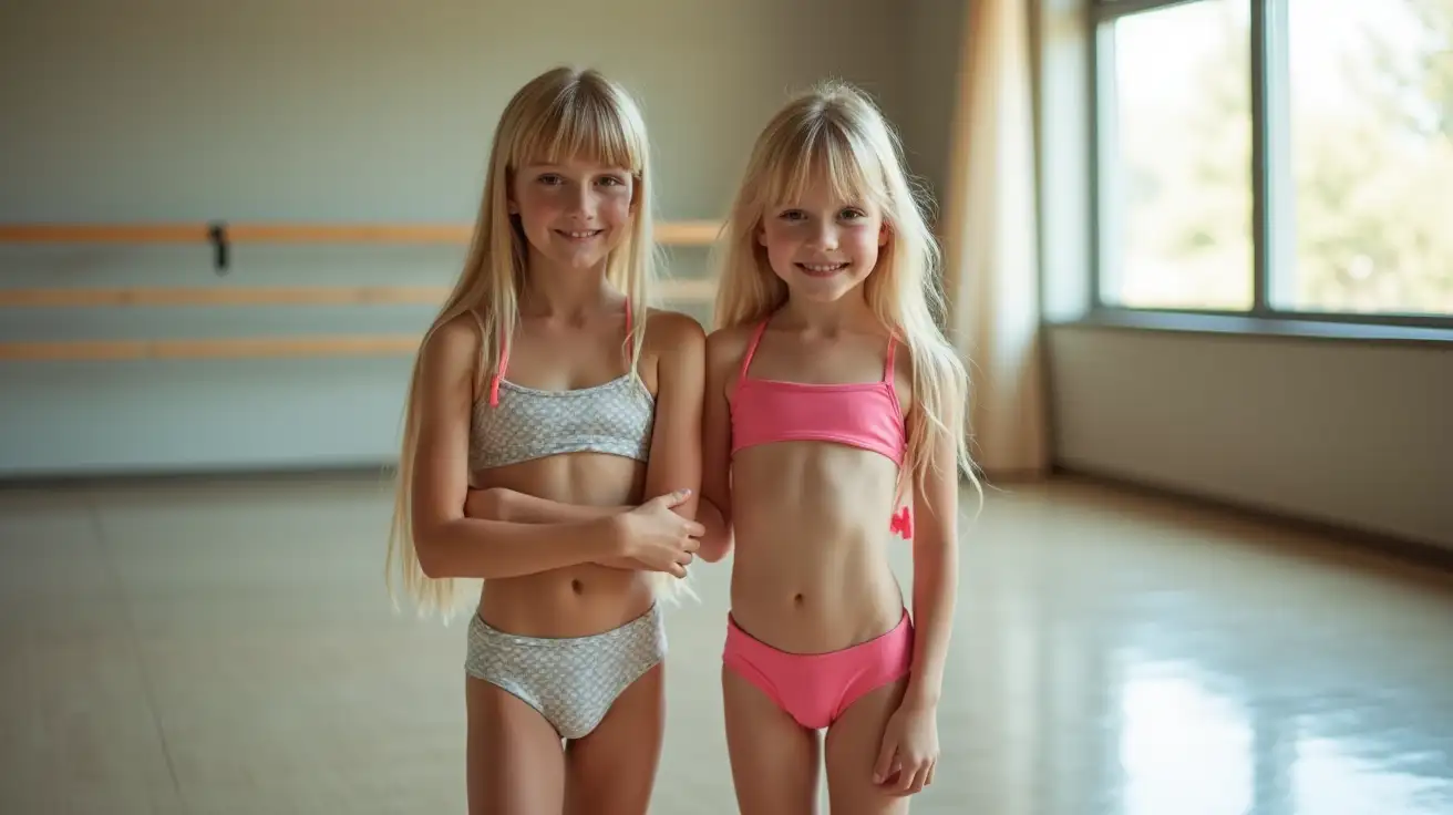 Adorable-Preteen-Girls-in-Swimwear-Posing-in-Dance-Studio