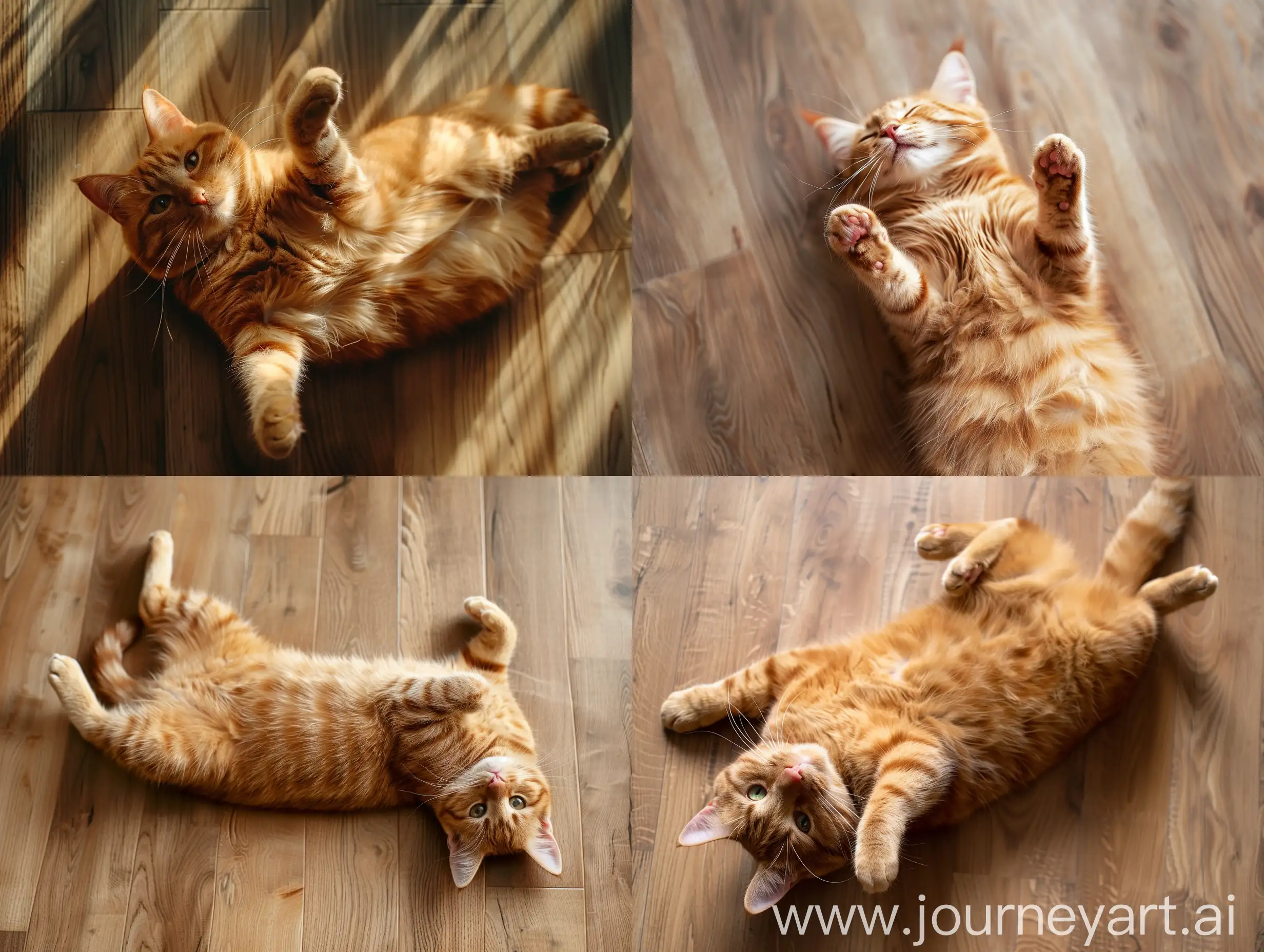 Ginger-Cat-Relaxing-on-Wooden-Floor-in-Apartment