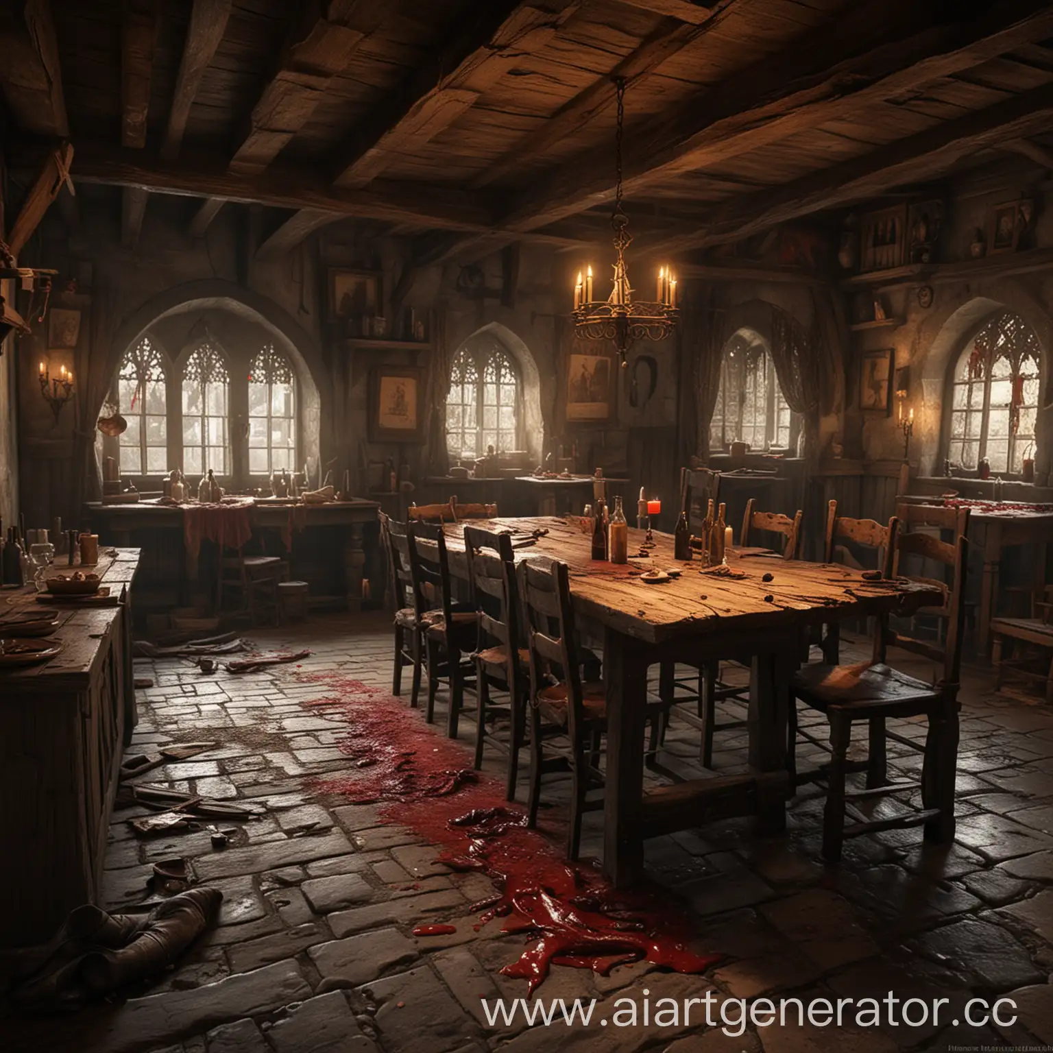 Medieval-Tavern-Scene-with-Bloodstains-and-Abandoned-Visitors-Belongings