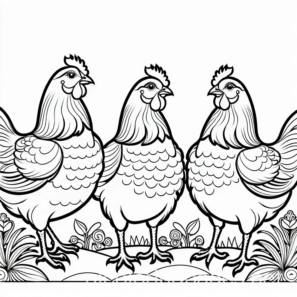 3 hens, Coloring Page, black and white, line art, white background, Simplicity, Ample White Space. The background of the coloring page is plain white to make it easy for young children to color within the lines. The outlines of all the subjects are easy to distinguish, making it simple for kids to color without too much difficulty