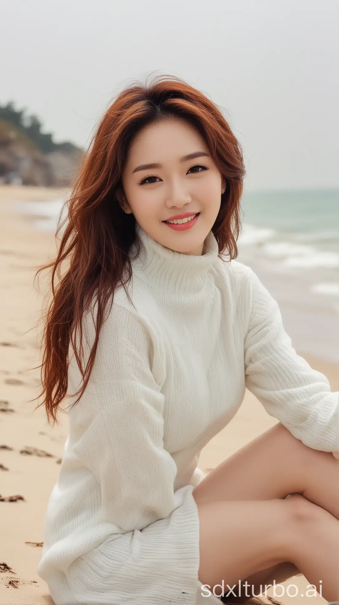 Chinese singer, Wang Fei, fair skin, sexy sweet smile, brown hair, full makeup white, winter tight-fitting white high-neck sweater, sitting on the beach, beautiful back image