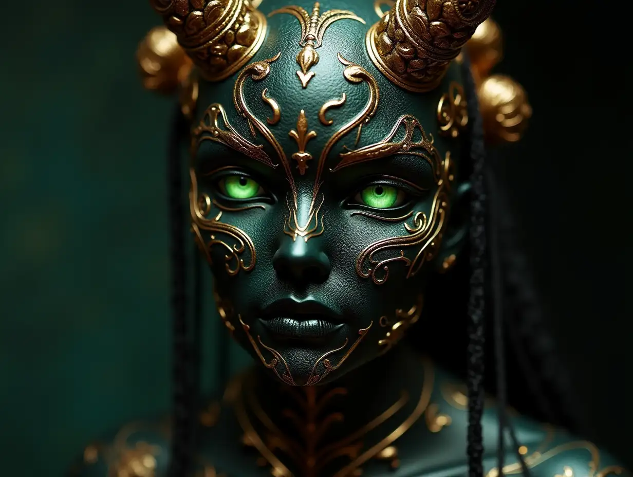 Cyber Totenkopf with Emerald eyes, black porcelain with golden ornaments Steampunk 100 mm Capture